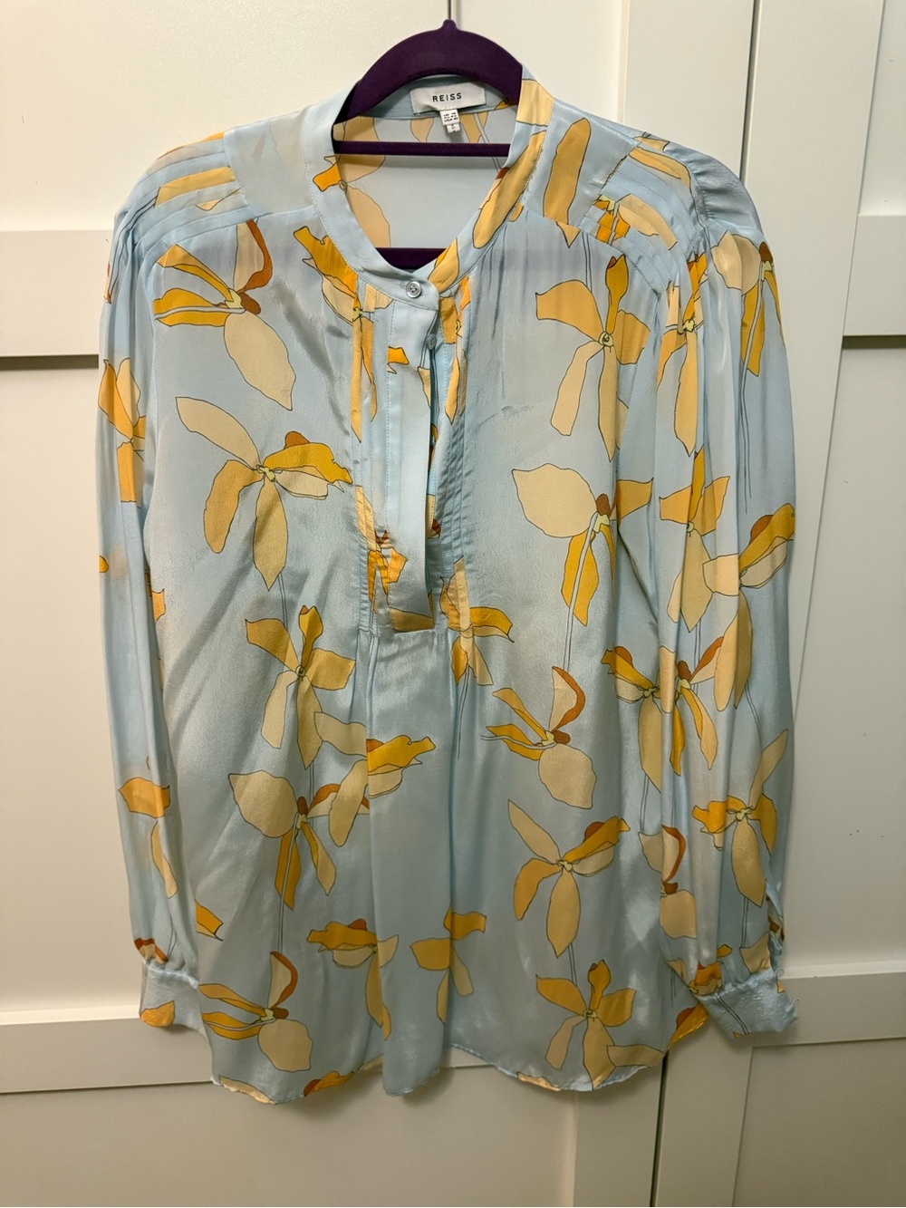 Reiss Light Blue Silk Floral Blouse with Yellow Print